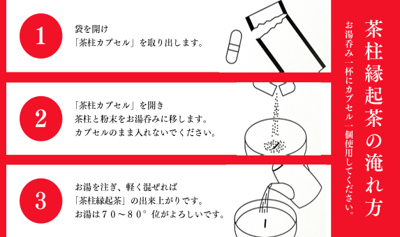 茶柱縁起茶は、袋を開け「茶柱カプセル」を取りお湯のみにカプセルの中身を入れてお湯を注いで軽く混ぜれば出来上がりです。※お湯は70〜80°位がよろしいです